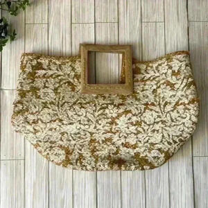 Square wooden handle 100% jute natural tan woven tote bag